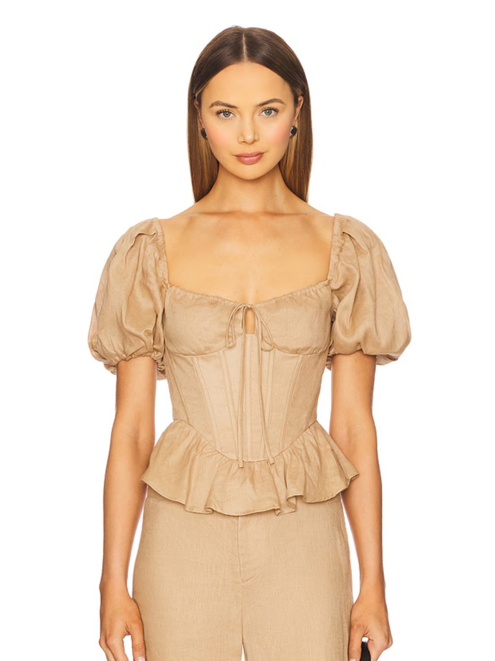 Bardot Esra Puff Sleeve Corset Top in Latte Size 12